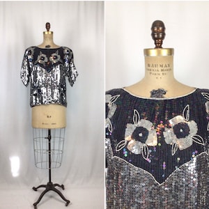 Vintage 80s top | Vintage silver black floral sequin top | 1980s Anjumun evening top