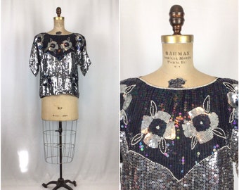 Vintage 80s top | Vintage silver black floral sequin top | 1980s Anjumun evening top