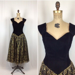 Vintage 80s dress | Vintage black velvet gold lace cocktail dress | 1980s Jessica McClintock Gunne Sax dress