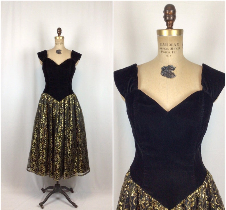 Vintage 80s dress Vintage black velvet gold lace cocktail dress 1980s Jessica McClintock Gunne Sax dress image 1