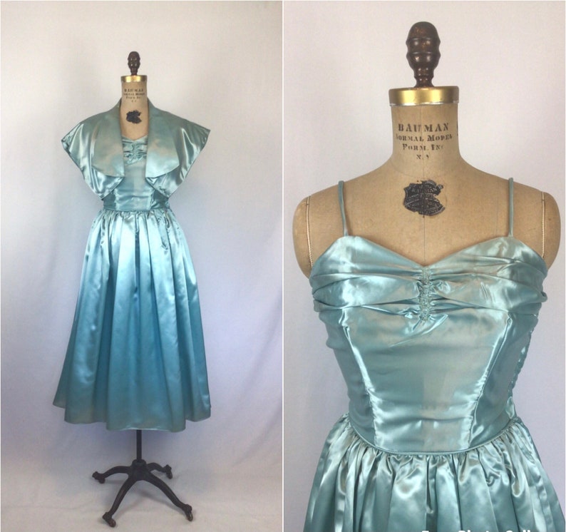 Vintage 50s dress Vintage aquamarine duchess satin party dress 1950s Party Line by Domb cocktail dress image 1