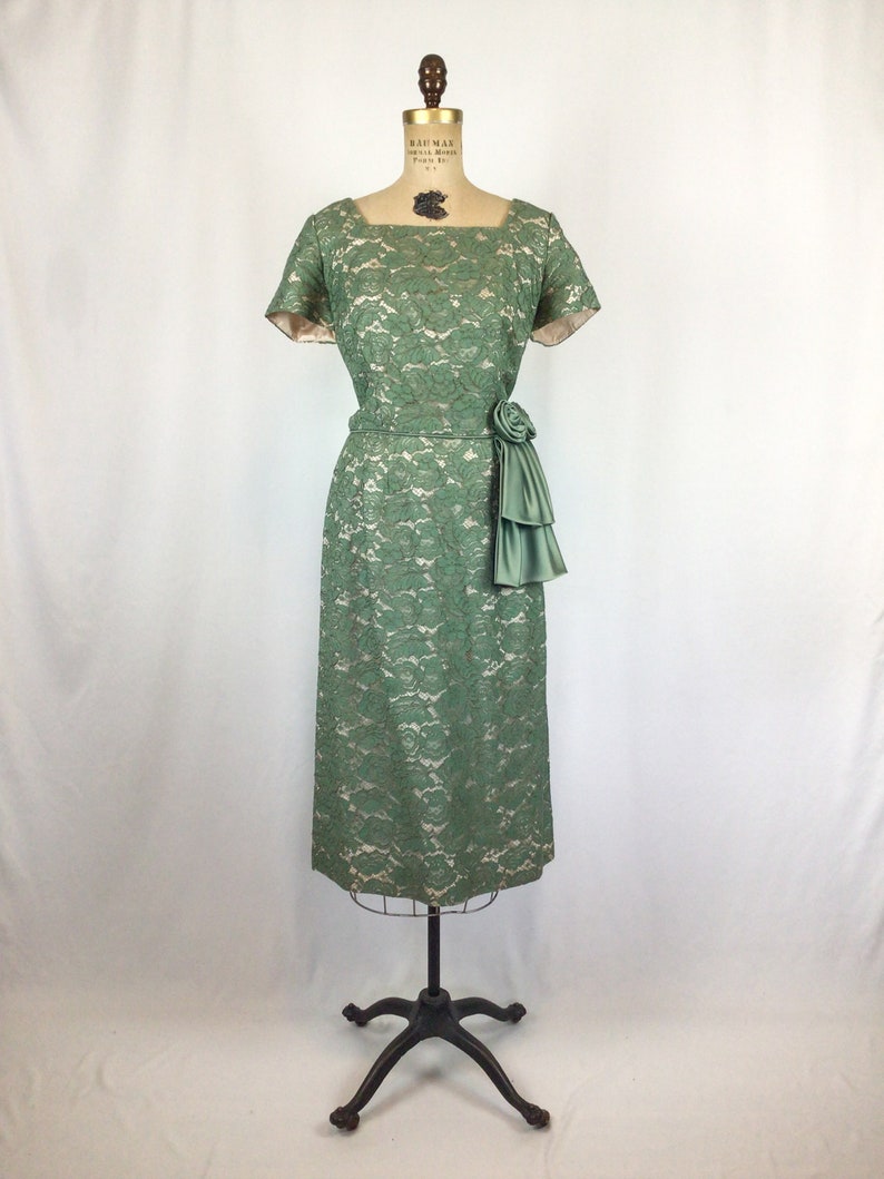 Vintage 50s dress Vintage myrtle green lace party dress 1950's wiggle cocktail dress image 4