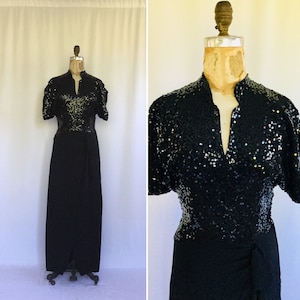 Vintage 40s dress | Vintage black rayon crepe and sequins full length evening dress | 1940s sequins cocktail dress