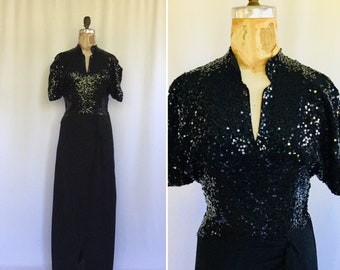 Vintage 40s dress | Vintage black rayon crepe and sequins full length evening dress | 1940s sequins cocktail dress