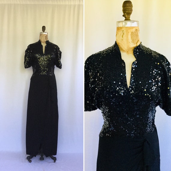 Vintage sequins 40s dress | Vintage black rayon cr