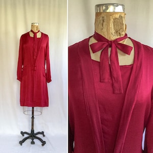 Vintage 20s Tunic | Vintage magenta silk flapper dress | 1920&#39;s silk long sleeve drop waist silk dress tunic
