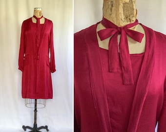 Vintage 20s Tunic | Vintage magenta silk flapper dress | 1920's silk long sleeve drop waist silk dress tunic