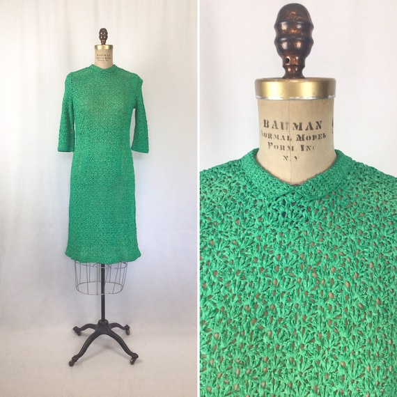 Vintage 60s dress | Vintage kelly green ribbon kn… - image 1