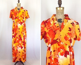 robe vintage des années 60 | robe longue tiki vintage à fleurs orange vif | Robe hawaïenne des années 1960