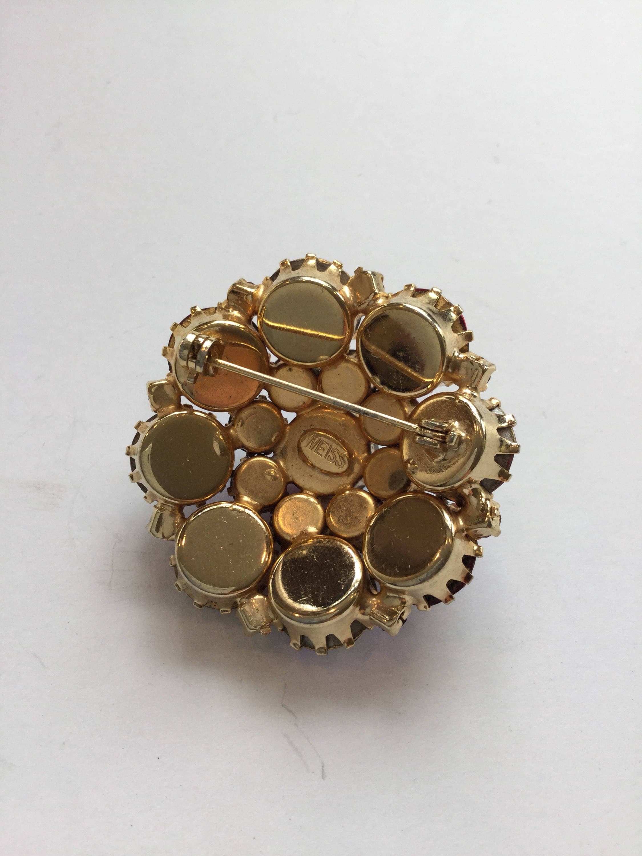 Weiss Brooch | Vintage Round Red Iridescent Rhinestone