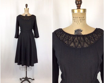 Vintage 40s dress | Vintage black crepe day dress | 1940s Black beaded dress