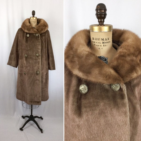 Vintage 50s coat | Vintage cafe latte mohair coat with fur collar | 1950s Brazotta double breast winter coat