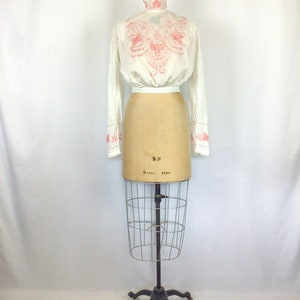 Vintage Victorian Blouse | Antique white cotton embroidered top | 1900s pink embroidered blouse