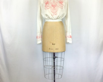 Vintage Victorian Blouse | Antique white cotton embroidered top | 1900s pink embroidered blouse