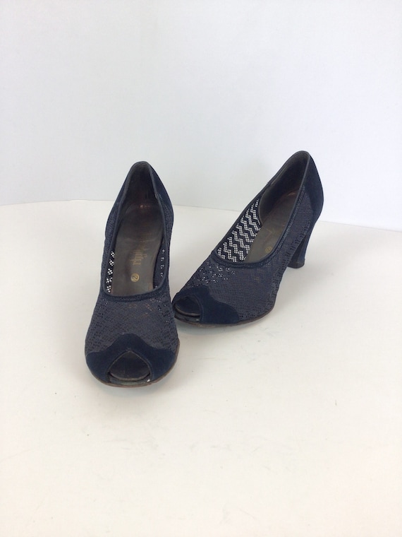 Vintage 40s shoes | Vintage blue suede peep toe h… - image 1