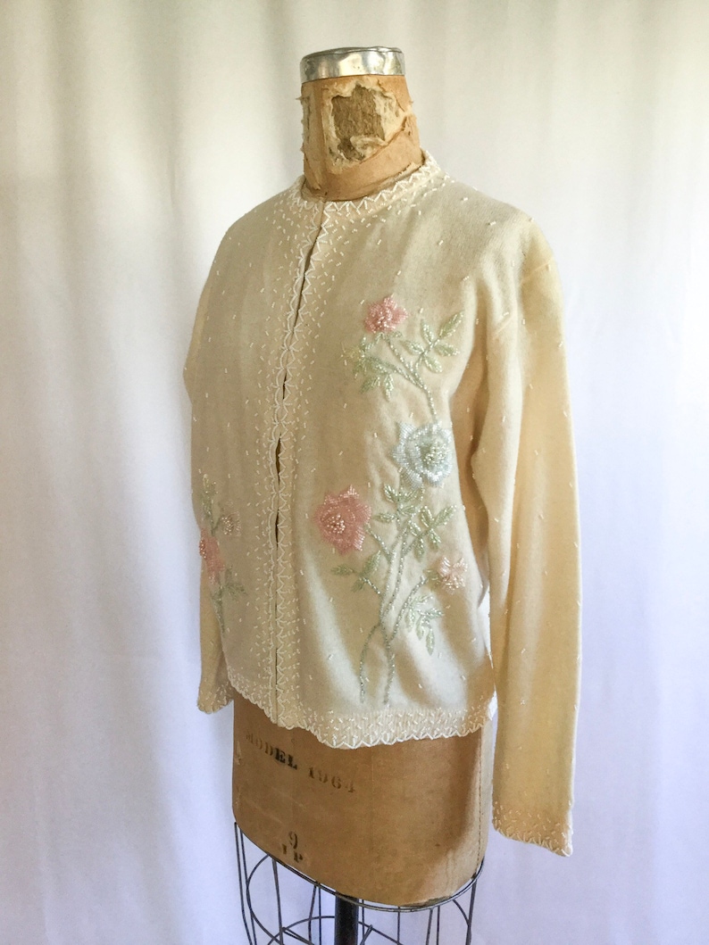 Vintage 50s Beaded Cardigan Vintage Ivory Wool Floral Beaded Etsy