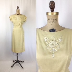 Vintage 50s dress | Vintage cream beaded wiggle dress | 1950s Fitted applique wool blend dress