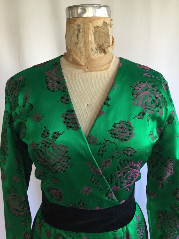 Vintage 80s satin dress | Vintage green satin ros… - image 2