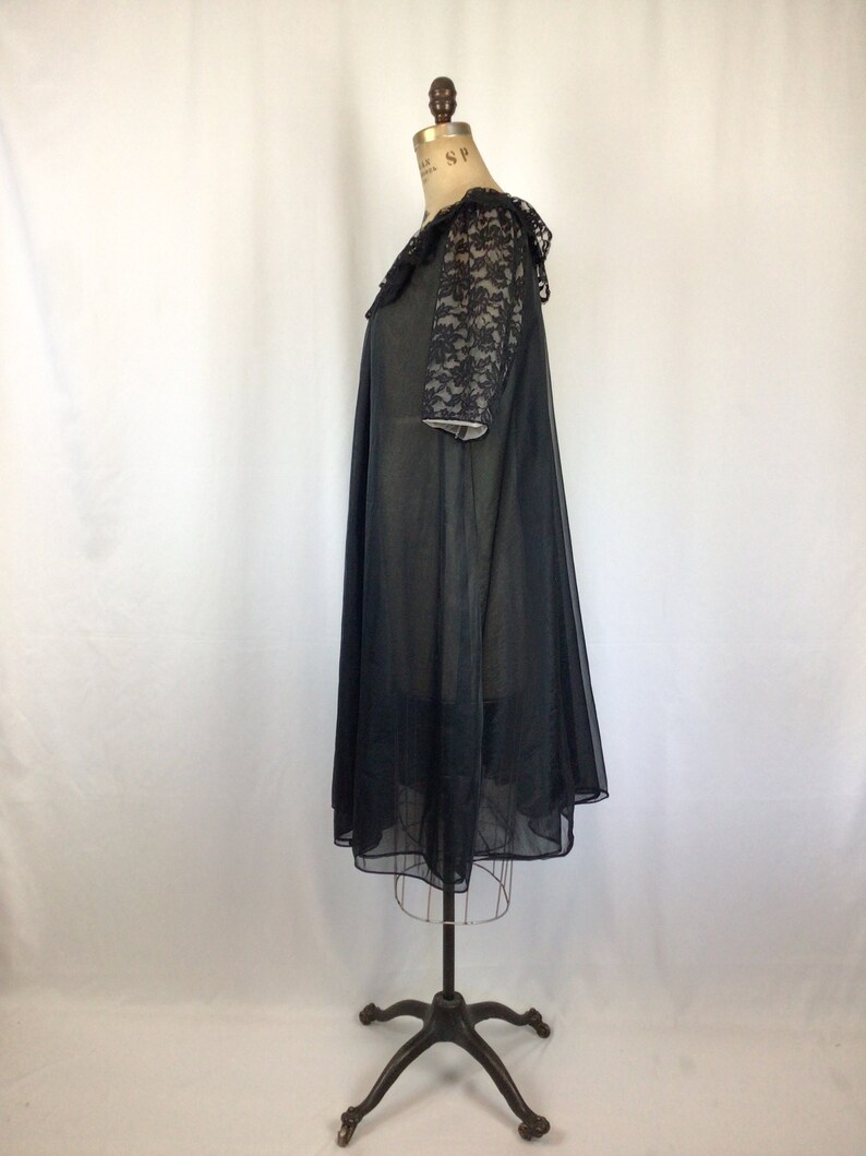 Vintage 60s robe Vintage black chiffon lace peignoir 1960s Vanity Fair sheer robe image 6