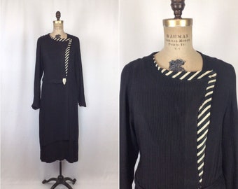 Vintage 20s Dress | Vintage black jersey knit dress | 1920's black ribbed knit dress