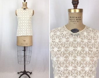 Vintage 70s top | Vintage floral crochet lace blouse | 1970s lace tee