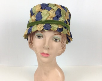 Vintage 60s hat | Vintage green blue woven hat  | 1960s tri tone straw bucket hat