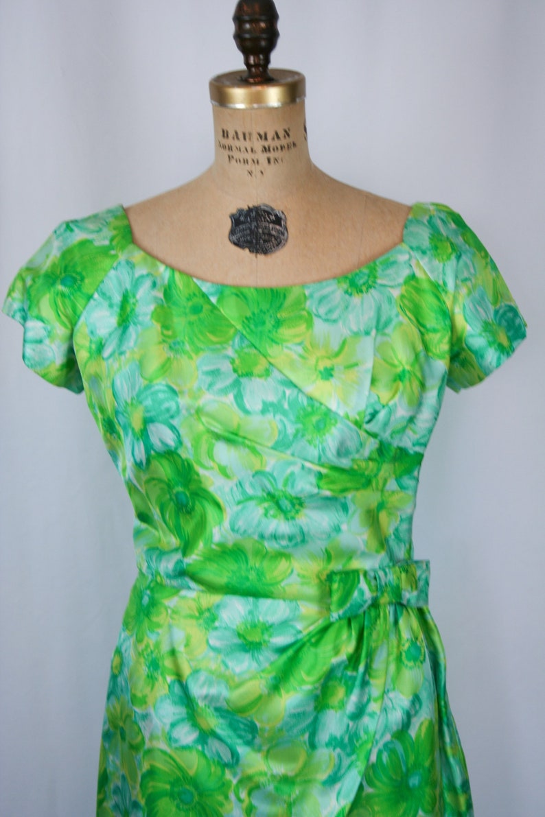 Vintage 50s dress Vintage green blue floral wiggle dress 1950s Miss Brooks dress image 3