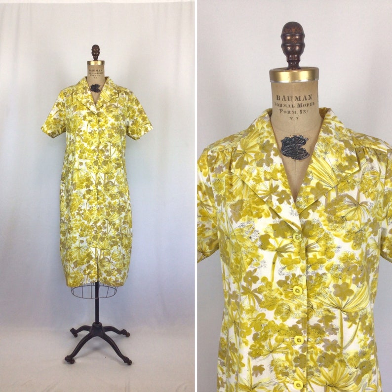 Vintage 50s dress Vintage yellow cotton day dress 1950s floral print house dress image 1