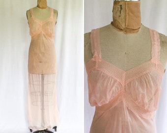 Vintage 30s nightgown | Vintage pink sheer nightgown | 1930s full length pink slip negligee