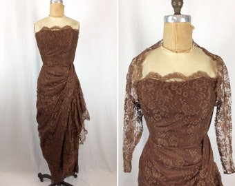 Vintage 50s dress | Vintage chocolate brown all lace wiggle dress | 1950s Joseph Magnin lace  cocktail party dress