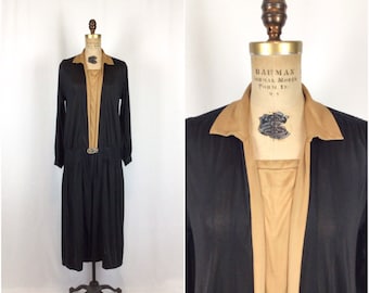 Vintage 20s Dress | Vintage black rayon jersey dress | 1920's black camel knit dress