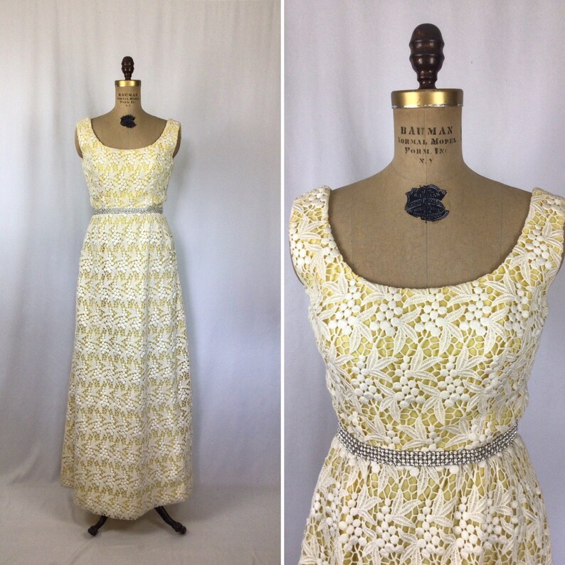 Vintage 60s dress Vintage yellow white lace evening gown 1960s Cameo Evening Fashion floral lace rhinestone maxi dress image 1