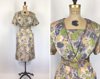 robe vintage des années 50 | robe en soie à fleurs vintage | Robe de cocktail Leslie Fay des années 1950