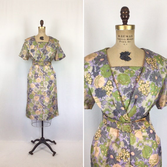 Vintage 50s dress | Vintage floral silk wiggle dr… - image 1