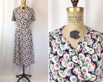 Vintage 40s dress | Vintage multi colored flora rayon day dress | 1940s NellyDon shirtwaist dress