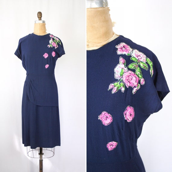 Vintage 40s dress | Vintage blue crepe rose dress