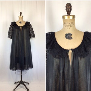 Vintage 60s robe Vintage black chiffon lace peignoir 1960s Vanity Fair sheer robe image 1