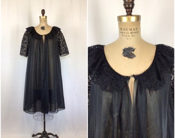 Vintage 60s robe | Vintage black chiffon lace peignoir | 1960s Vanity Fair sheer robe