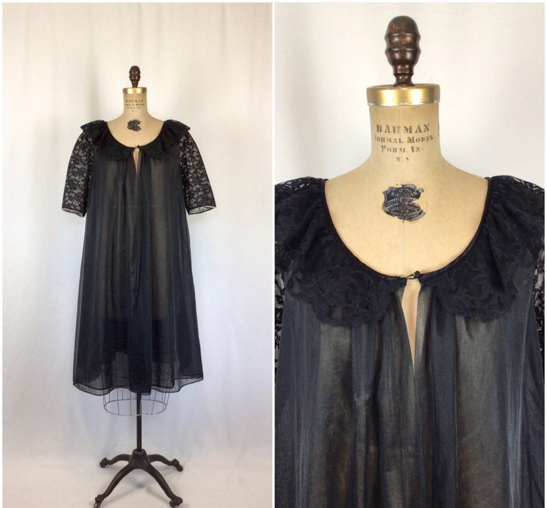 Vintage 60s robe Vintage black chiffon lace peignoir 1960s Vanity Fair sheer robe image 1