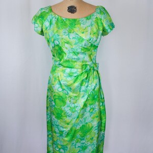 Vintage 50s dress Vintage green blue floral wiggle dress 1950s Miss Brooks dress image 2