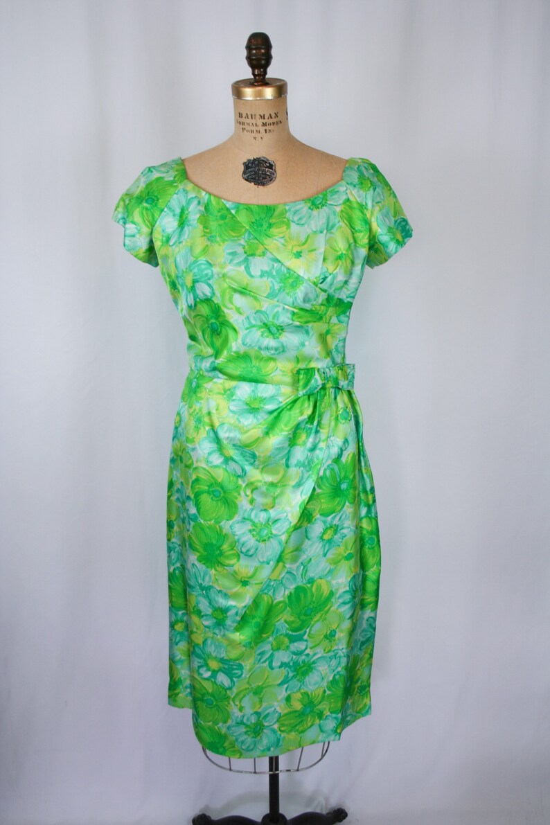 Vintage 50s dress Vintage green blue floral wiggle dress 1950s Miss Brooks dress image 2