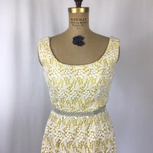 Vintage 60s dress Vintage yellow white lace evening gown 1960s Cameo Evening Fashion floral lace rhinestone maxi dress image 2