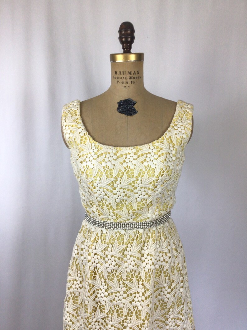 Vintage 60s dress Vintage yellow white lace evening gown 1960s Cameo Evening Fashion floral lace rhinestone maxi dress image 2