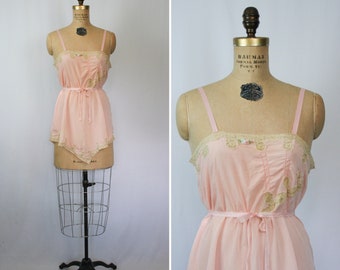 Vintage 20s silk step in | Vintage pink embroidered silk chemise | 1920s embroidered camisole tank