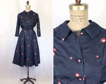 Vintage 50s dress | Vintage dot print silk shirt waist dress | 1950s  mod print navy blue dress