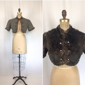 Vintage 50s jacket | Vintage brown tweed reversible short jacket | 1950s fur wool bolero coat