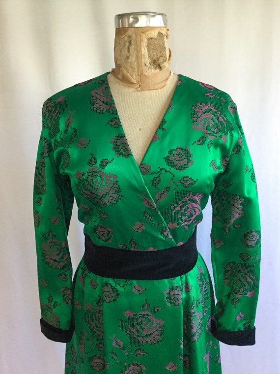 Vintage 80s satin dress | Vintage green satin ros… - image 3