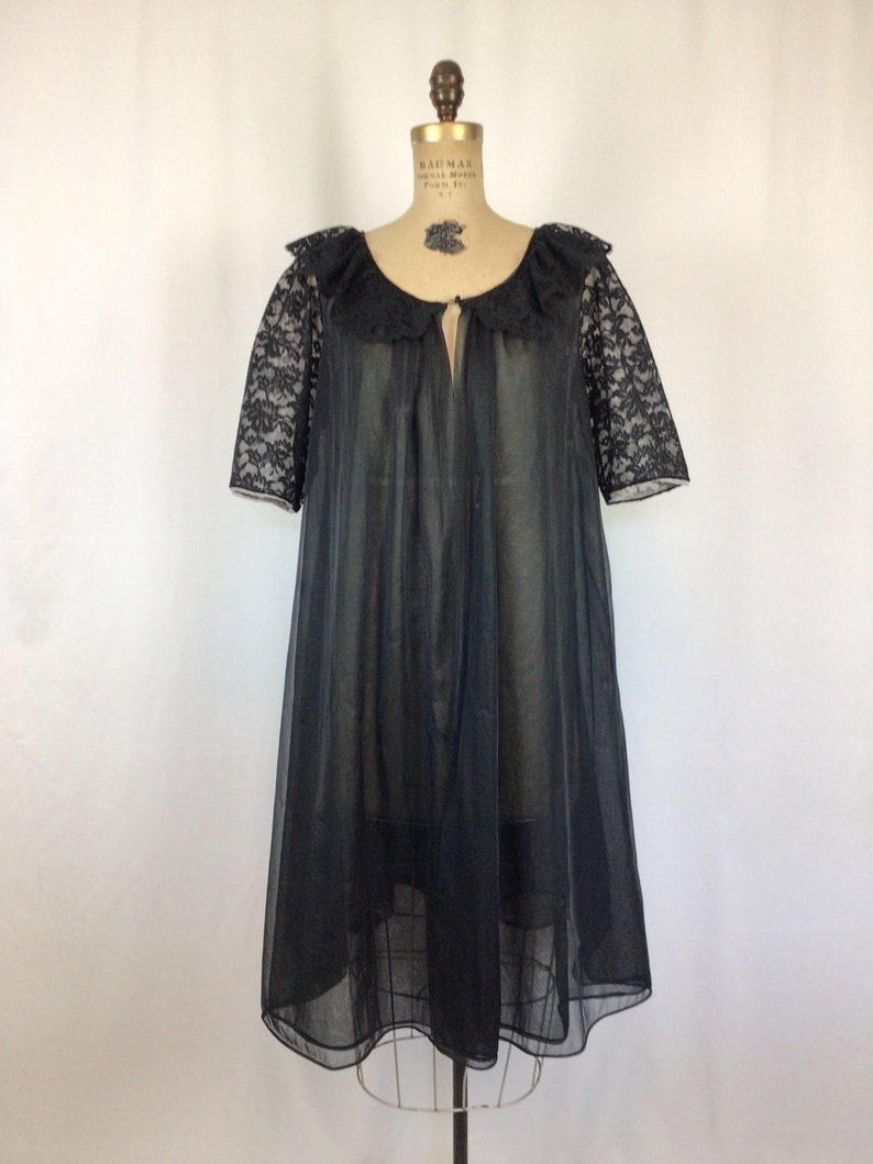 Vintage 60s robe Vintage black chiffon lace peignoir 1960s Vanity Fair sheer robe image 4