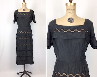 Vintage 30s dress | Vintage black silk and lace evening dress | 1930s Tiered black silk wiggle dress