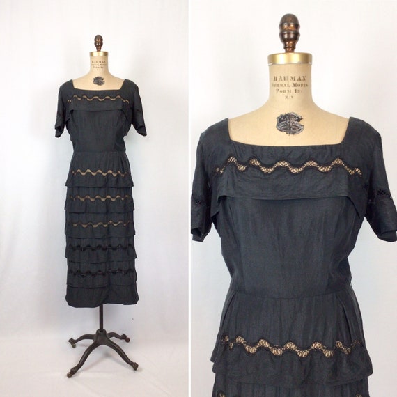 Vintage 30s dress | Vintage black silk and lace e… - image 1